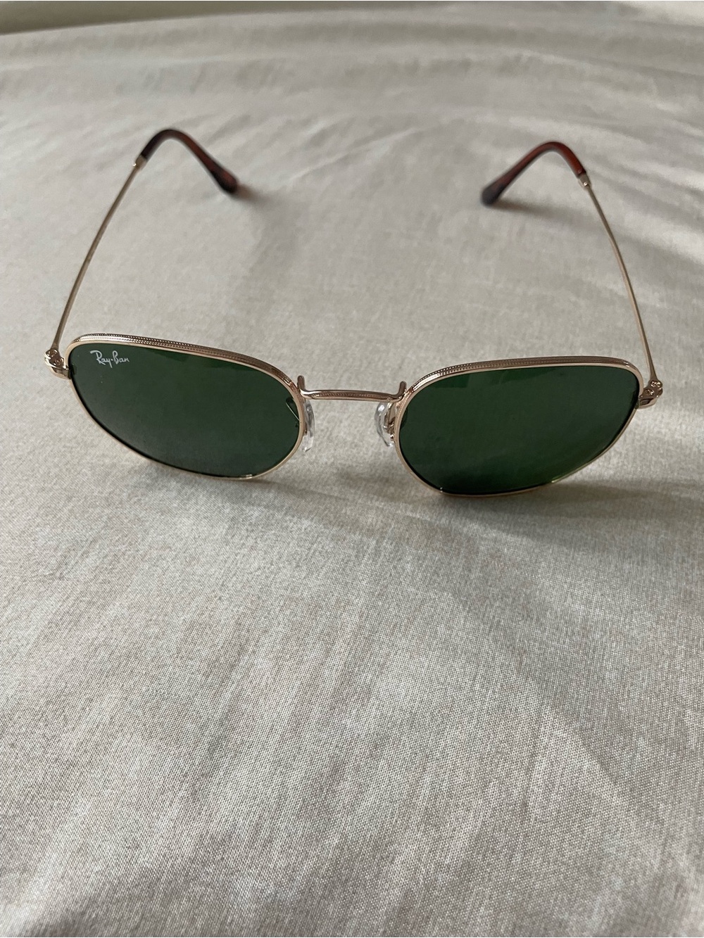 Ray-Ban Gold Frame Sunglasses with Green Lenses and Brown Temple Tips